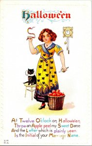 Vintage 1910's Nash Halloween Postcard Girl Peeling Apples & Black Cat UNPOSTED