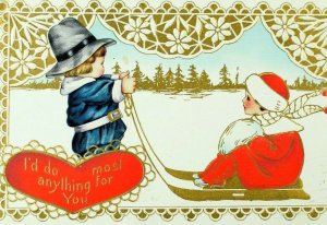 C.1910 Kids Pilgrim Pulling Winter Girl In Sled Christmas Valentine Postcard P36