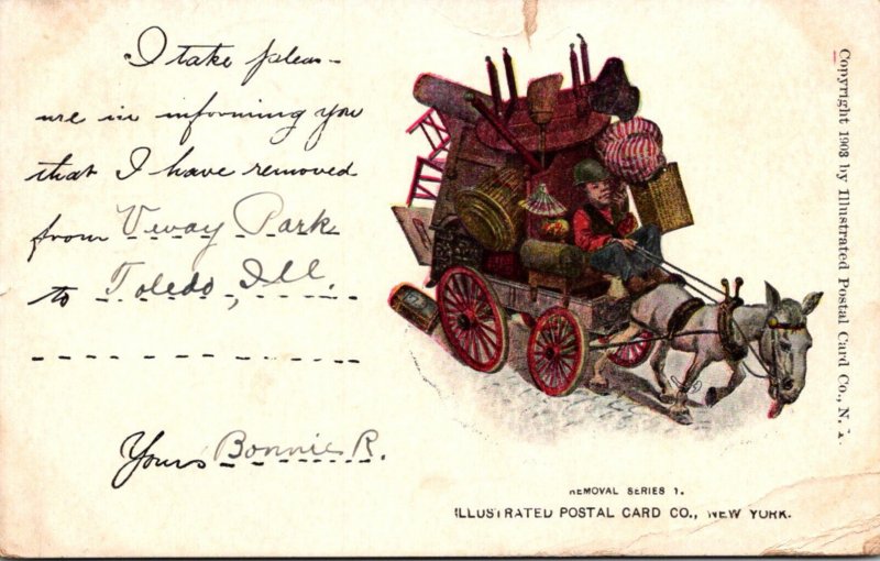 Donkey Pulling Wagon Load Of Furniture 1907
