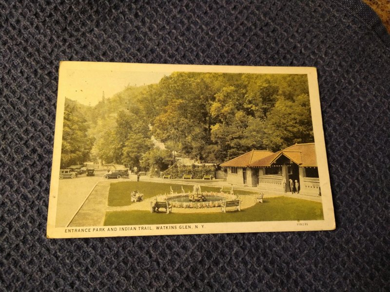 Vtg 1934 Entrance Park and Indian Trail, Watkins Glen, NY Postcard