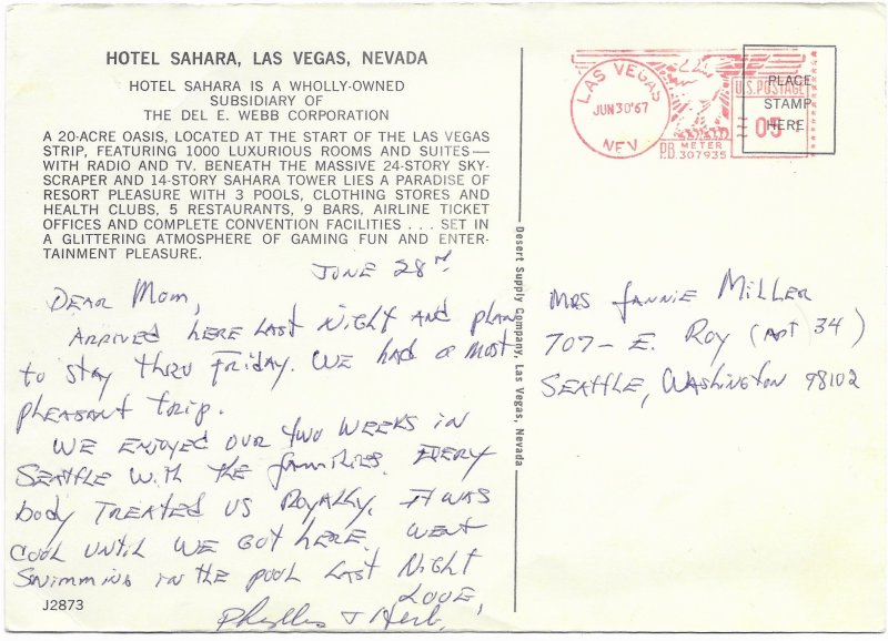 US Las Vegas, Nevada Used.  Hotel Sahara in 1967.  A bit different now....