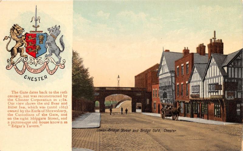 CHESTER UK LOWER BRIDGE ST & GATE POSTCARD 1910s CREST & 