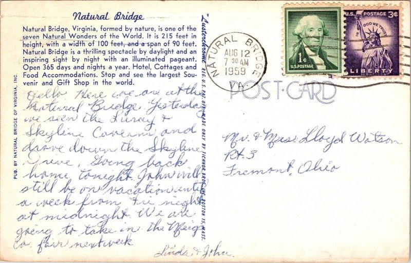 Natural Bridge Virginia VA Postcard PM Cancel WOB Note Tichnor VTG Vintage
