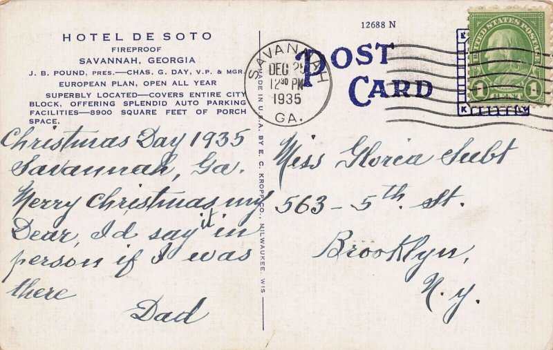 Hotel De Soto, Savannah, Georgia, Early Postcard, Used in 1935