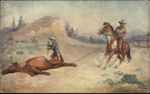 Cowboys Roping & Branding Cattle R.A. Davenport c1910 Postcard 