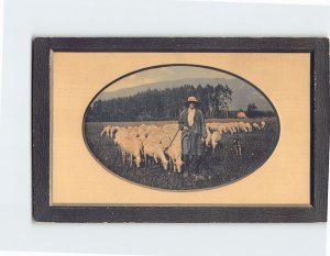 Postcard - Greeting Card with Sheep Herder Grass Trees Embossed Art Print