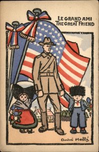 WWI Propoganda Great Friend American Soldier Alsatian Children Vintage Postcard