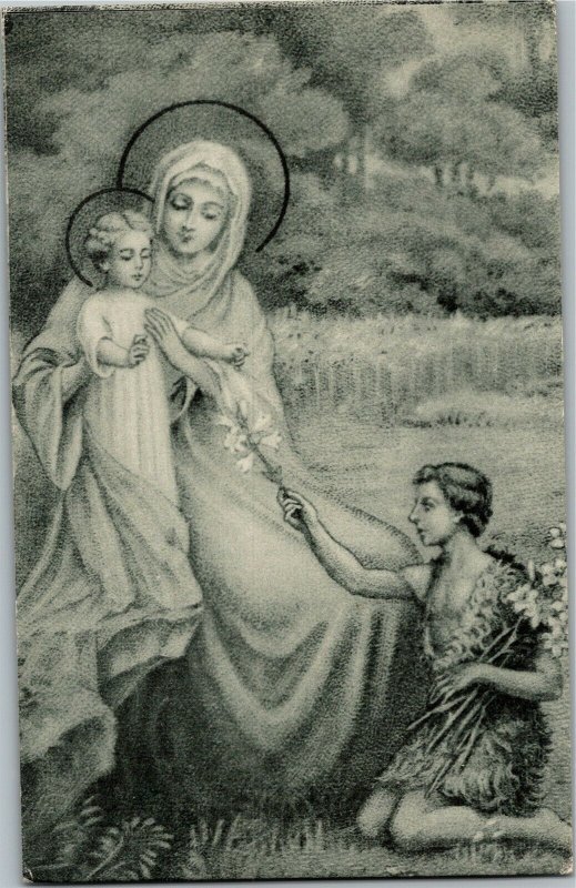 Shepherd in the Field Handing Flowers to Madonna and Child Vintage Postcard A02