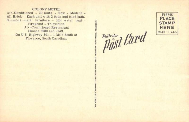 Florence South Carolina Colony Motel And Restaurant Antique Postcard K15203 