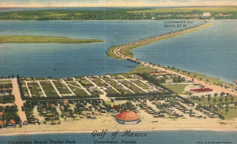 Vintage Postcard 1946 Clearwater Beach Trailer Park Bathing Fishing Florida Sun