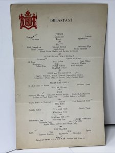 Vintage 1950s Fort William McHenry Restaurant Breakfast Menu