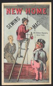 VICTORIAN TRADE CARD New Home Sewing Machine Uncle Sam & Man on Ladder