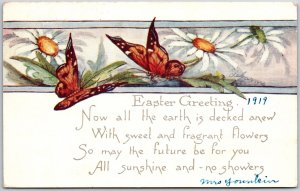 1919 Easter Greeting Butterfly Sip From Sweet & Fragrant White Flower, Postcard