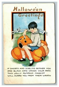 Vintage 1900's Whitney Halloween Postcard Boy Carving Pumpkins Ghost Goblin Poem