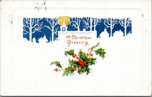 Postcard Christmas Greeting Village silhouette and holly - Norway Maine 1922