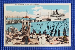 Vintage Swimming and Steamer Ship at Crystal Beach Ontario Canada Postcard