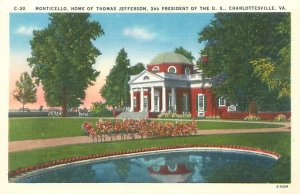 Charlottesville Virginia  Monticello Jefferson's Home Linen Postcard Unused