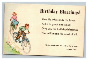 Vintage 1950's Postcard Birthday Blessings Poem Children on Bicycles Religious