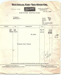 1939 THE IDEAL CAP AND IDE KNIT CO CLEVELAND OH NOVELTIES BILLHEAD INVOICE Z2290