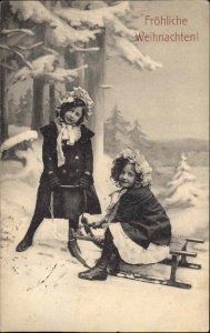 Christmas German Greeting Girls Play Outside w Sled c1900s-20s Postcard