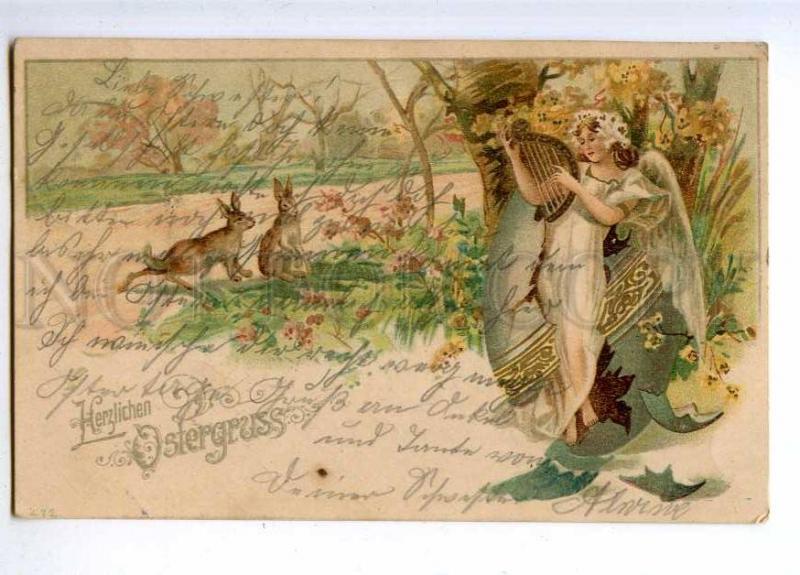 189922 EASTER Winged ANGEL in EGG & RABBIT Vintage LITHO PC