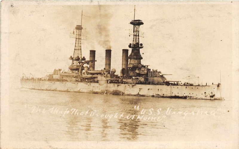 G61/ Ship RPPC Postcard U.S.S. Virginia Battleship Navy c1920 Brought Home