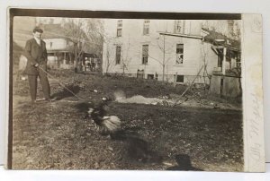 RPPC Indiana Elkhart Mr Myrel Walking Catching Chicken Real Photo Postcard A14