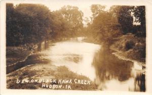 Hudson Iowa~Black Hawk Creek View~Cow? by Log Fence on Left~c1915 RPPC-Postcard