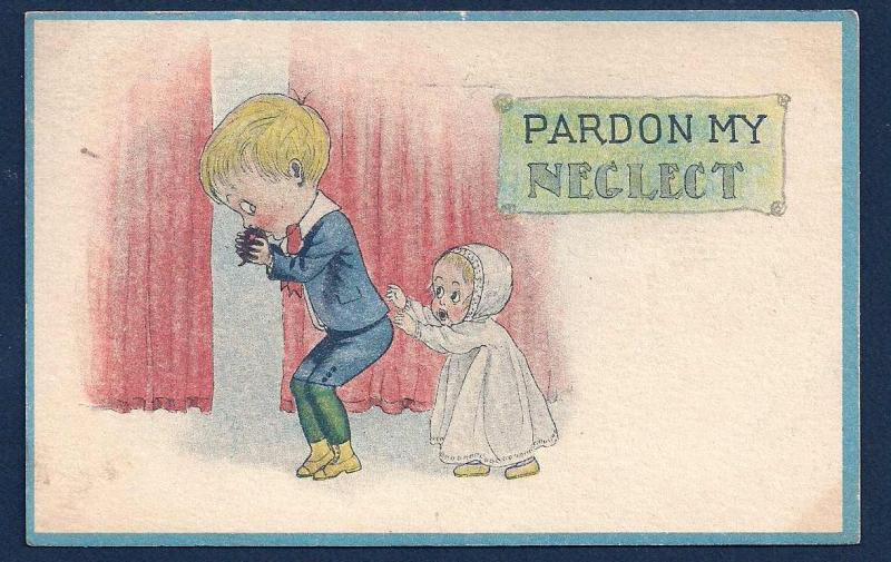 Baby Girl & Boy 'Pardon My Neglect' used c1915