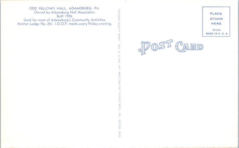 ADAMSBURG, PA Pennsylvania    ODD FELLOWS HALL  c1940s   Linen   Postcard