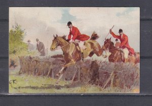 GREAT BRITAIN,STEEPLECHASE,HORSES & RIDERS JUMPING FENCE, 1904 ppc used Victoria