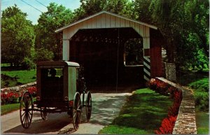 Amish Country Covered Wooden Bridge Horse Buggy Flowers Trees Road Postcard UNP 