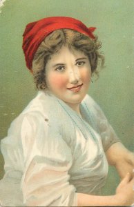 Painting vintage fine art postcard Stengel woman portrait red scarf