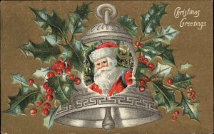 Christmas Santa Clause Bell Holly Embossed c1910s Postcard