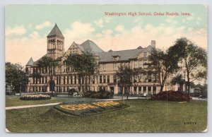 Front View Of Cedar Rapids Iowa~Washington Highschool~Beautiful Garden~Vintage