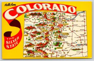Colorado State Banner & State Map~The Silver State~Mountains~Parks~1970 Postcard