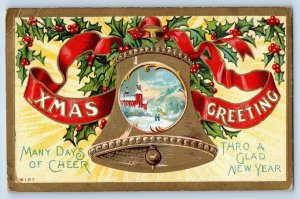 Christmas Postcard Greeting Bell And Holly Berries Winsch Back Embossed 1912