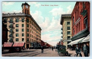 LONG BEACH, CA California ~ PINE STREET Scene Early Cars & Bikes c1910s Postcard