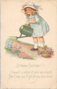 H79/ Interesting Postcard Watering Can Garden c1910 Comic Girl 149