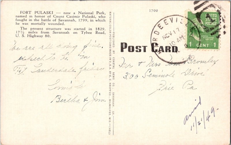 THE MOAT, FORT PULASKI, SAVANNAH, GA Vintage Postcard PM Hardeeville, SC KE10