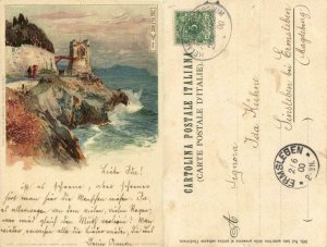 italy, NERVI, Panorama with Tower, Artist Signed Manuel Wielandt (1900) Postcard