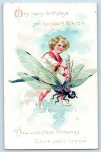 Bloomsbury NJ Postcard Birthday Boy Riding Dragon Fly Pipe Berry Embossed Tuck