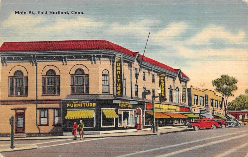 EAST HARTFORD, CT Connecticut MAIN STREET Furniture~Clothes Stores 1950 Postcard 