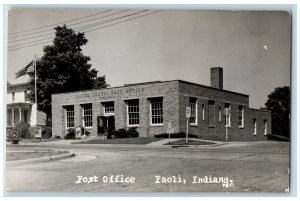 Paoli Indiana IN Postcard RPPC Photo Post Office Building Car Street Scene c1950