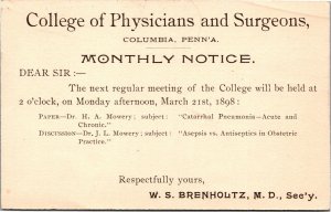 Postal Card Jefferson College of Physicians and Surgens meeting notice Brenholtz