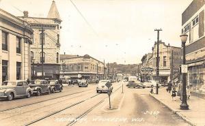 Waukesha WI Store Front's Business District Trolley Tracks RPPC Postcard