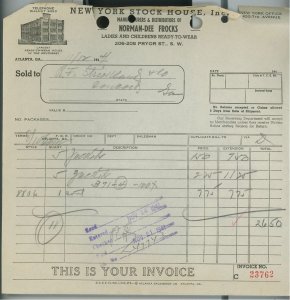 1944 New York Stock House Inc Pryor St. Atlanta GA Norman-Dee Frocks Invoice 335 