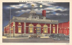Greenwood South Carolina~US Post Office @ Night~40s Cars in Street~Linen Pc