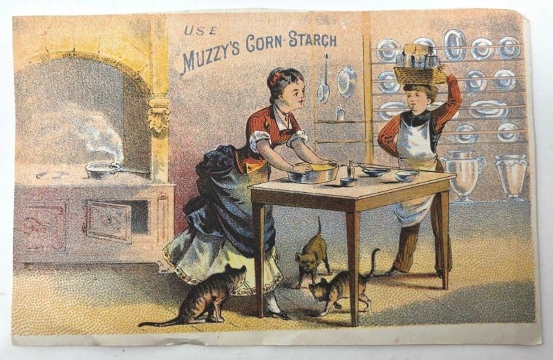 Muzzy's Corn Starch Victorian trade card recipes dogs Kittens c1880s