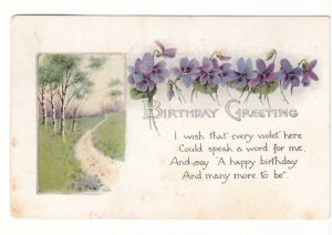 Birthday Greeting, Rural Scene, Purple Flowers, Antique 1916 Postcard